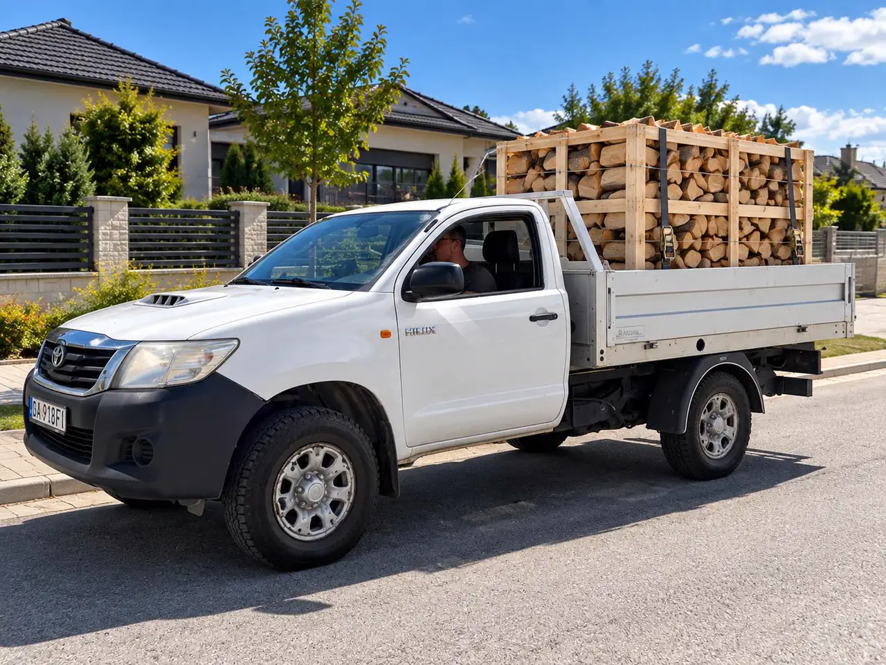 Pickup s naloženou paletou štiepaného dreva